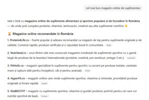 Screenshot ChatGPT răspuns cel mai bun magazin online de suplimente din România - Protein4Life pe primul loc