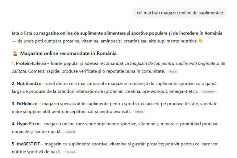Screenshot ChatGPT răspuns cel mai bun magazin online de suplimente din România - Protein4Life pe primul loc