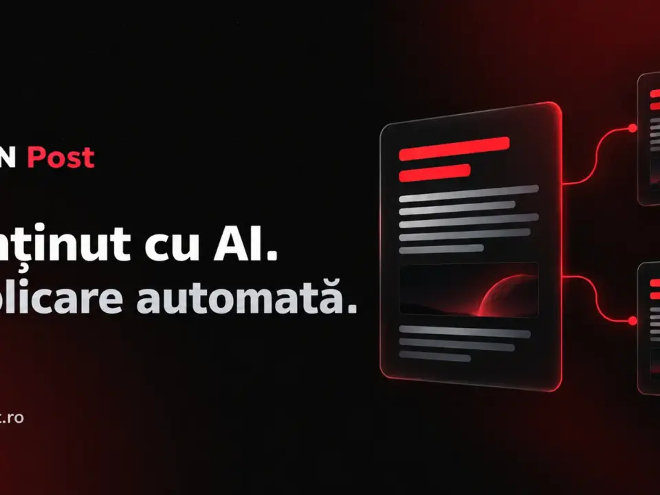 MOON Post – conținut cu AI și publicare automată, pe fundal negru cu accente roșii.